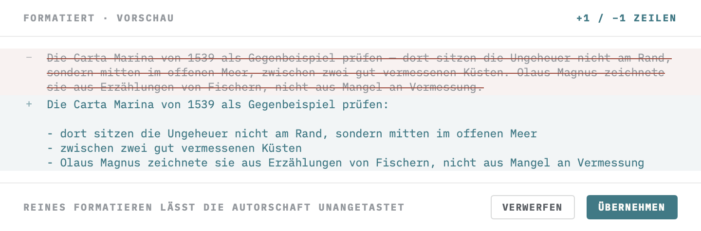Vorher-Nachher-Ansicht: die alte Zeile durchgestrichen, darunter die neue Fassung als Liste, mit den Knöpfen Verwerfen und Übernehmen.