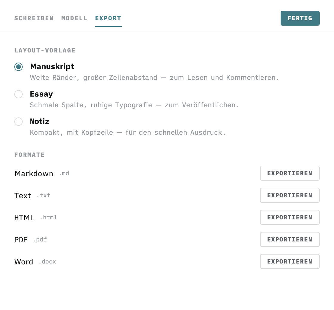 Der Export-Bereich der Einstellungen mit den Formaten Markdown, Text, HTML, PDF und Word sowie drei Vorlagen.