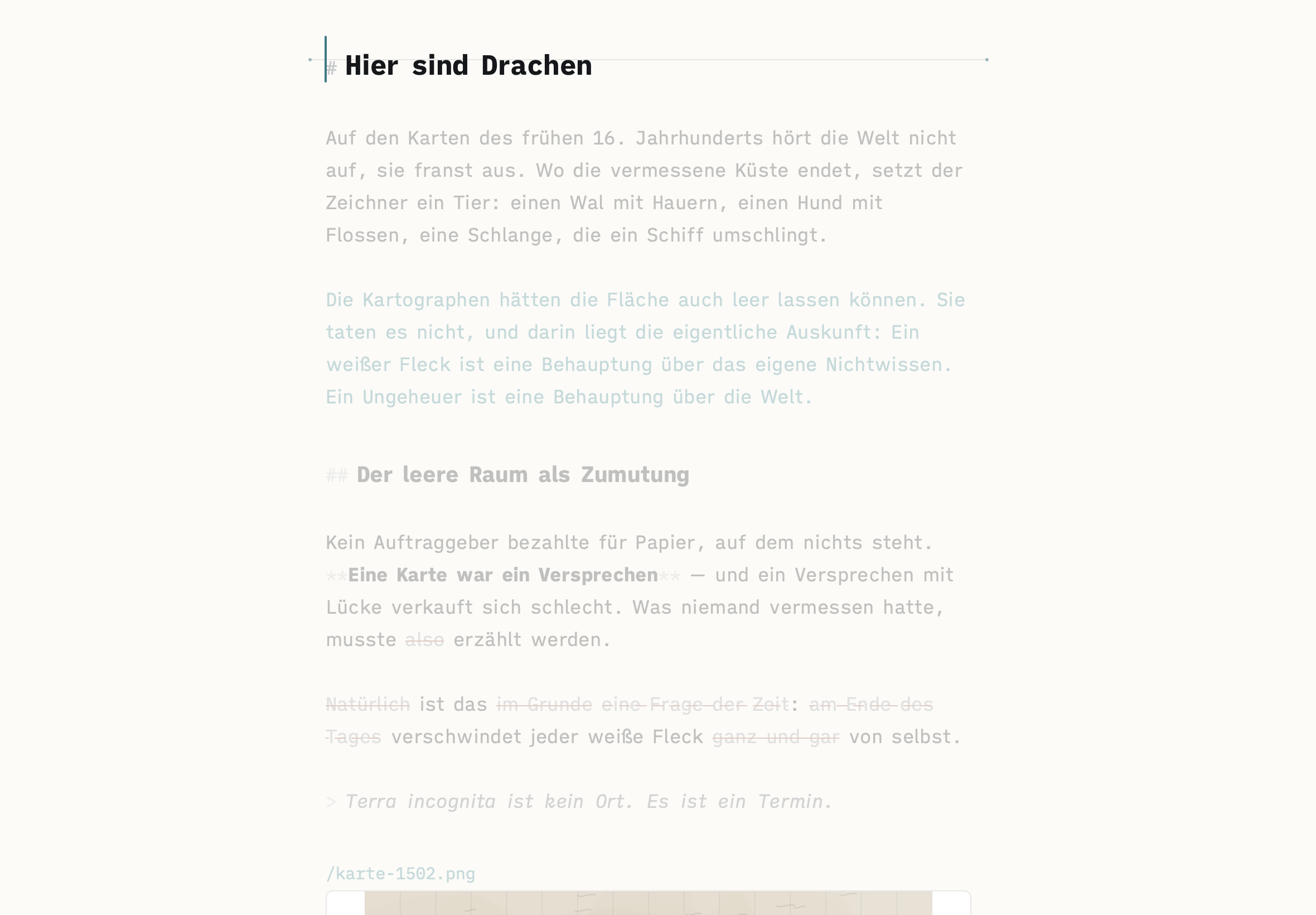 Fokus-Modus: das Fenster ohne Bedienelemente, der gesamte Text blass bis auf die Überschrift, an der die Schreibmarke steht.