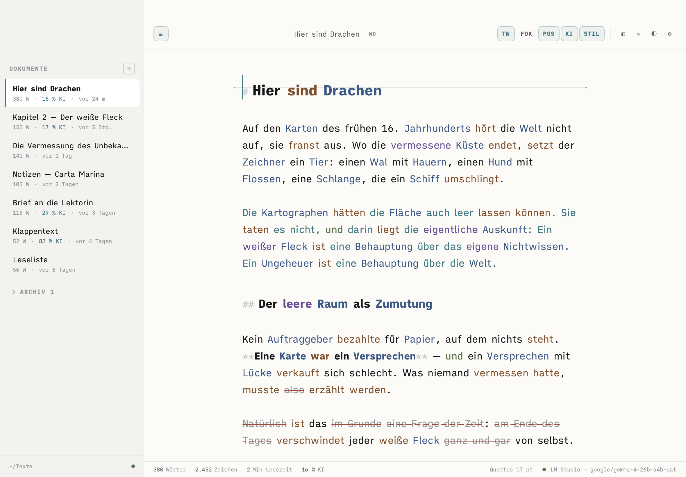 Derselbe Text mit farbig eingefärbten Wortarten: Substantive blau, Verben braun, Adjektive violett.