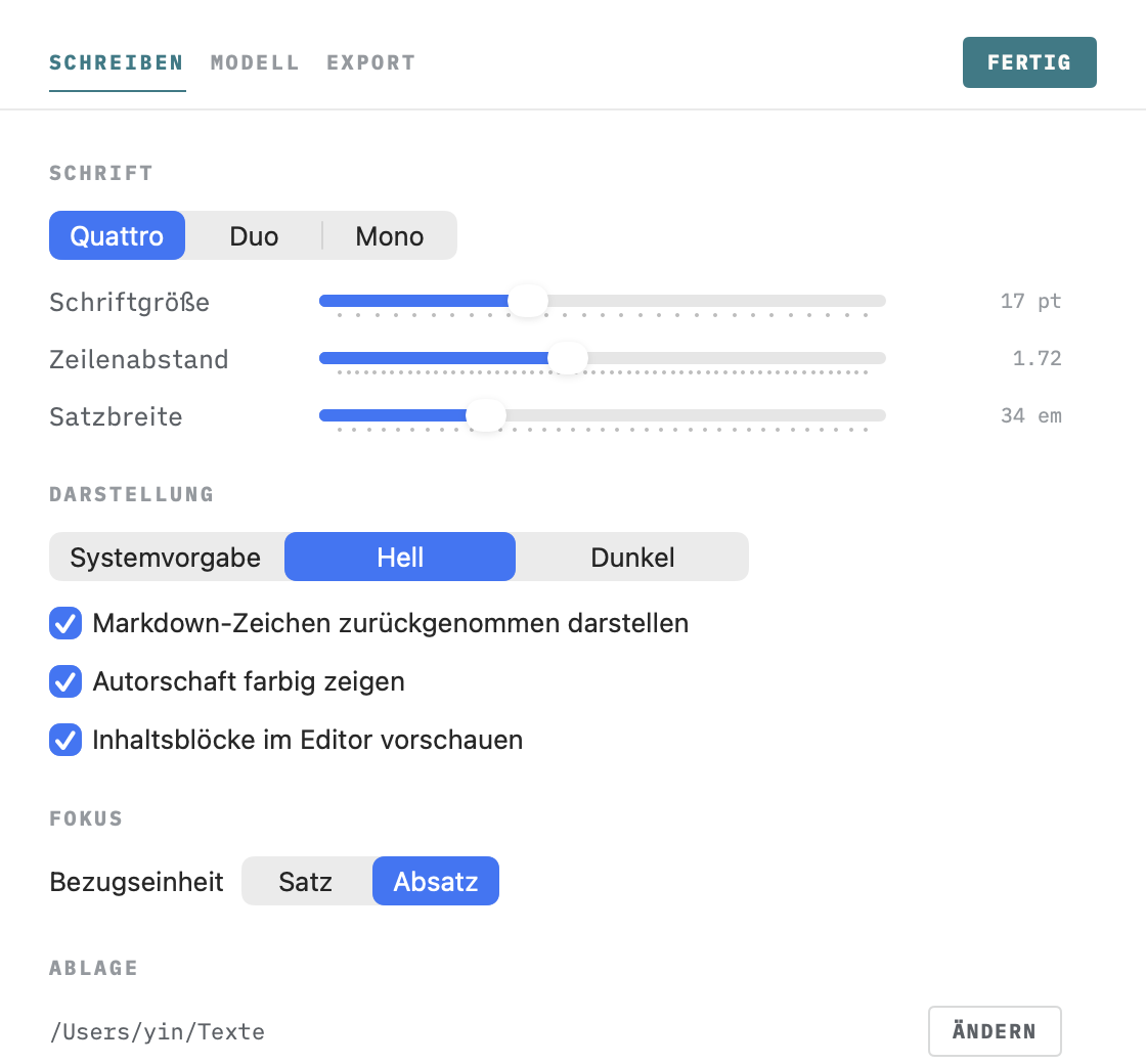 Die Einstellungen mit den Bereichen Schreiben, Modell und Export.