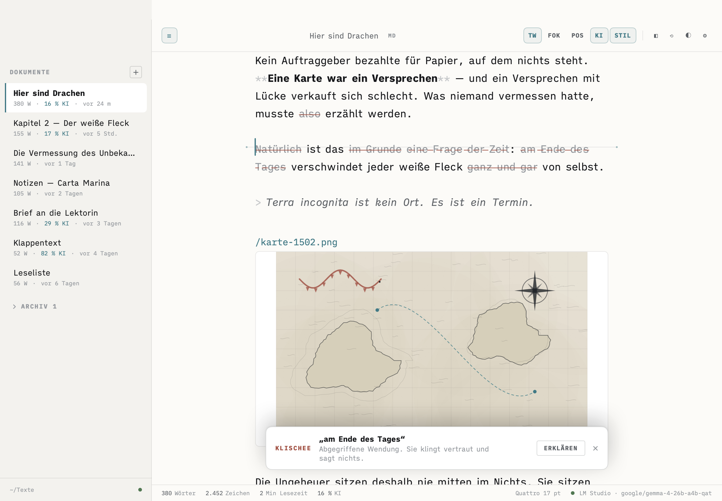 Ein Satz mit vier durchgestrichenen Stellen, darunter ein Kasten: Klischee, „am Ende des Tages“ — abgegriffene Wendung, sie klingt vertraut und sagt nichts.